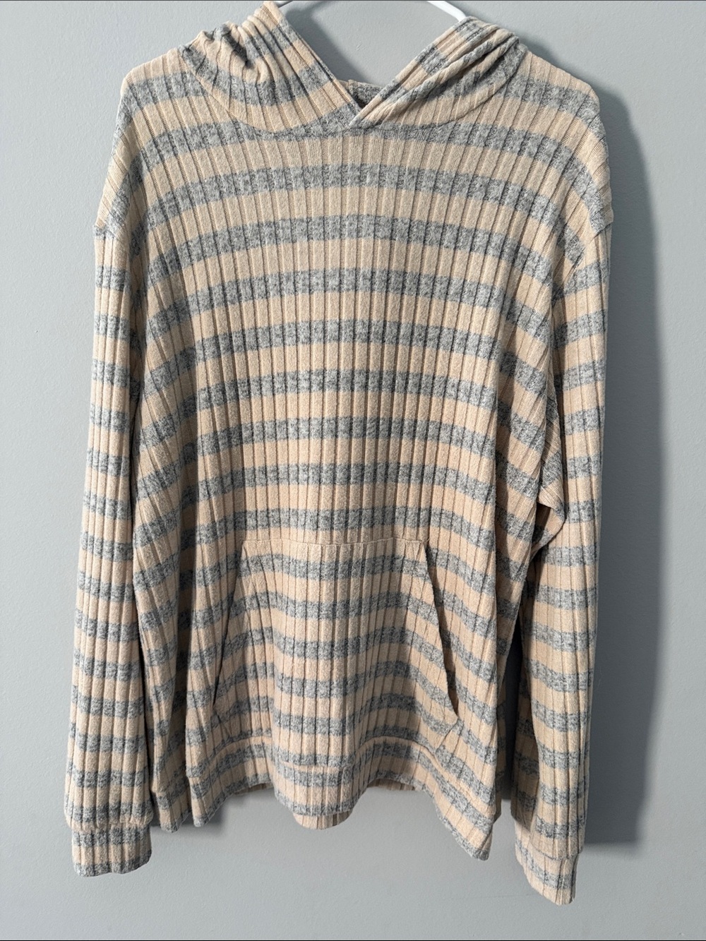 Men's Hooded Ribbed Knit Stripe Sweater - Cream & Gray